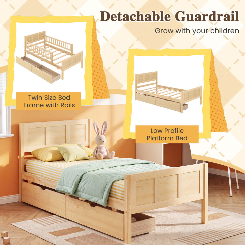 Twin size bed frame with storage drawers, detachable guardrails, and sturdy wooden slats for children's safety and convenience.