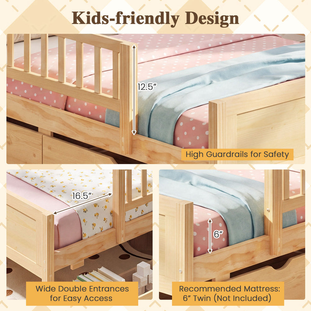 Twin size bed frame with natural wood finish, featuring high guardrails, storage drawers, and easy access entrances.
