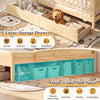 Twin size bed frame with natural wood finish featuring two large storage drawers for books, clothes, and toys.