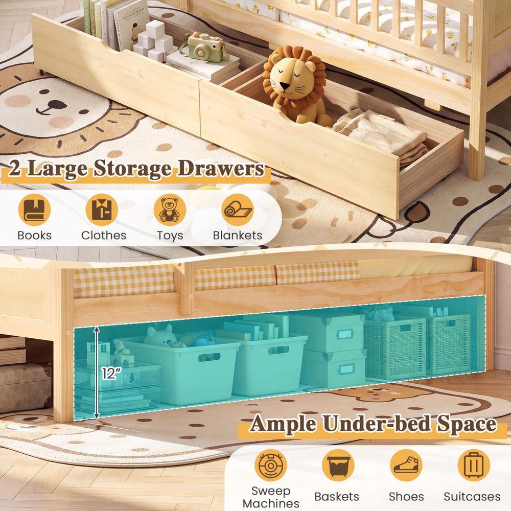 Twin size bed frame with natural wood finish featuring two large storage drawers for books, clothes, and toys.