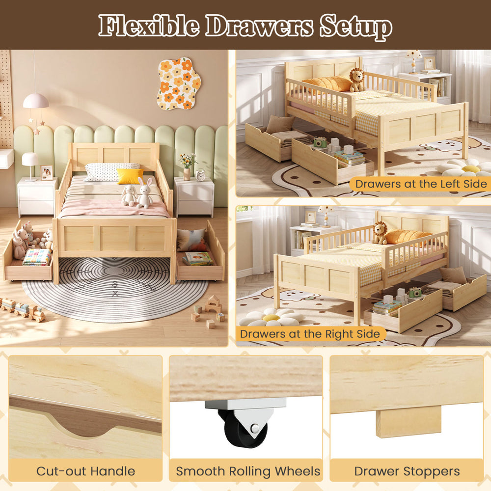 Twin size bed frame with storage drawers, featuring detachable guardrails and flexible drawer setup for kids' room organization.