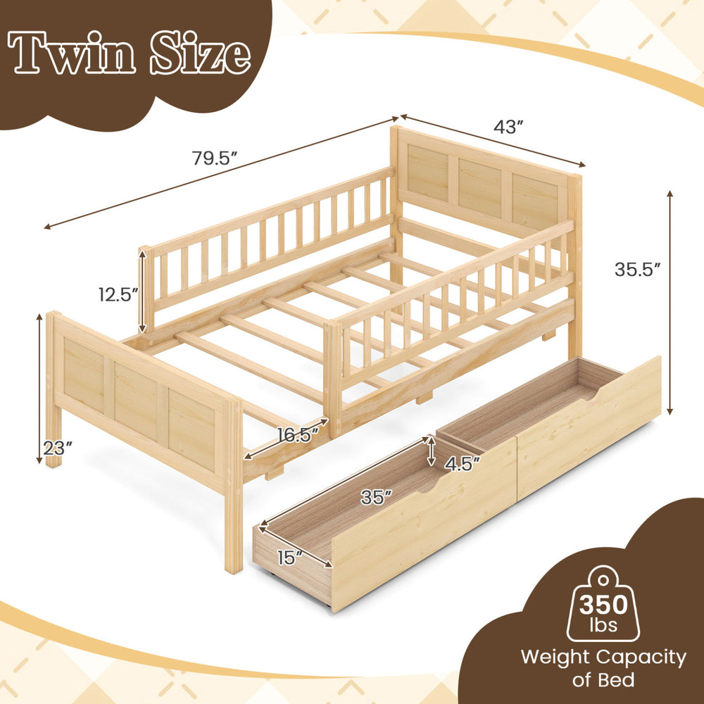 Twin size bed frame with spacious under-bed storage, featuring sturdy wooden slats and a natural wood finish for durability.