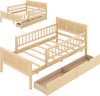 Twin size bed frame in natural wood with detachable guardrails and two large storage drawers for versatile organization.