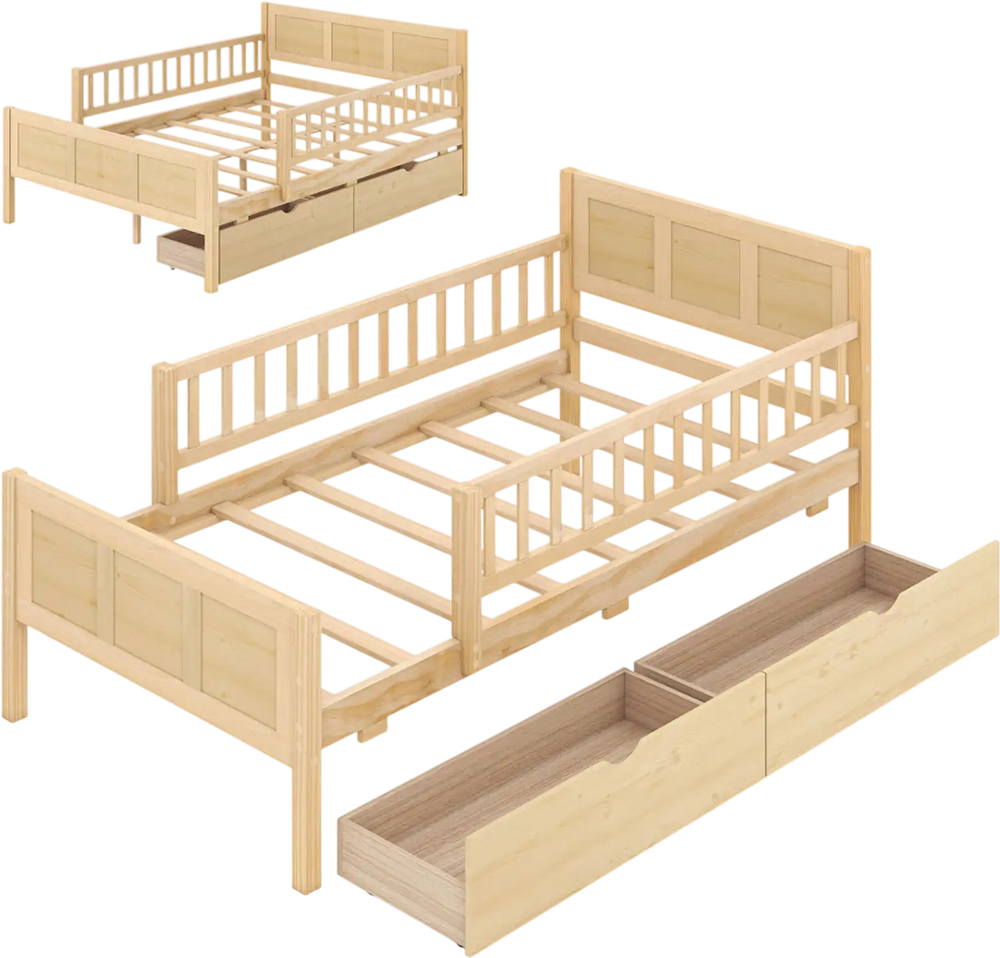 Twin size bed frame in natural wood with detachable guardrails and two large storage drawers for versatile organization.