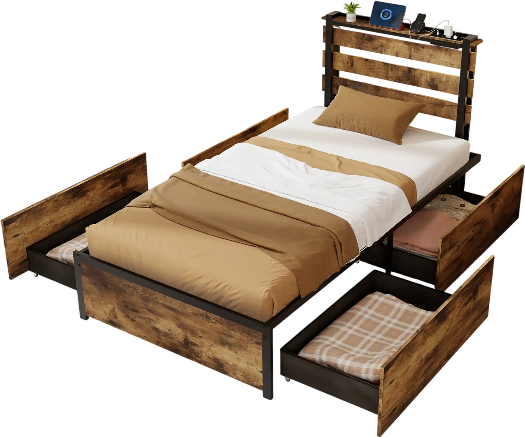 Costway Twin Bed Frame w/ Drawers LED Lights USB Ports 71895264 New