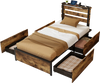 Twin size bed frame with robust metal structure, fabric drawers, USB ports, and RGB LED lights for versatile bedroom.