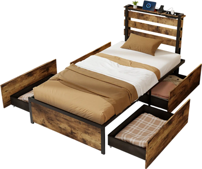 Costway Twin Bed Frame w/ Drawers LED Lights USB Ports 71895264 New