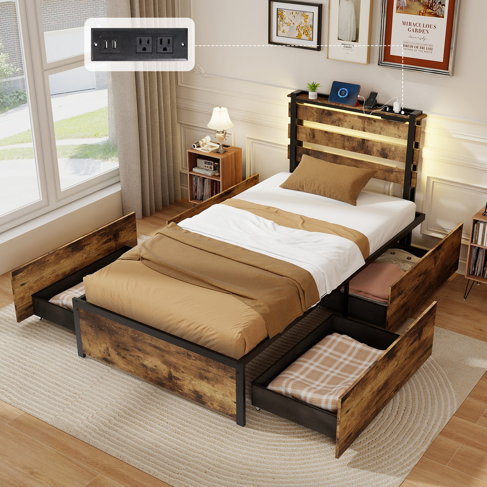 Full/Queen/Twin Size Bed Frame with Drawers LED Lights and USB Ports-Twin Size - Gallery View 1 of 10