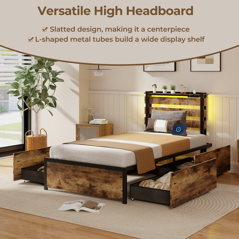 Twin size bed frame with versatile high headboard, slatted design, and built-in LED lights and USB ports for modern.