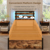 Twin size bed frame with robust metal design, built-in USB ports, and rolling fabric drawers for convenient storage.