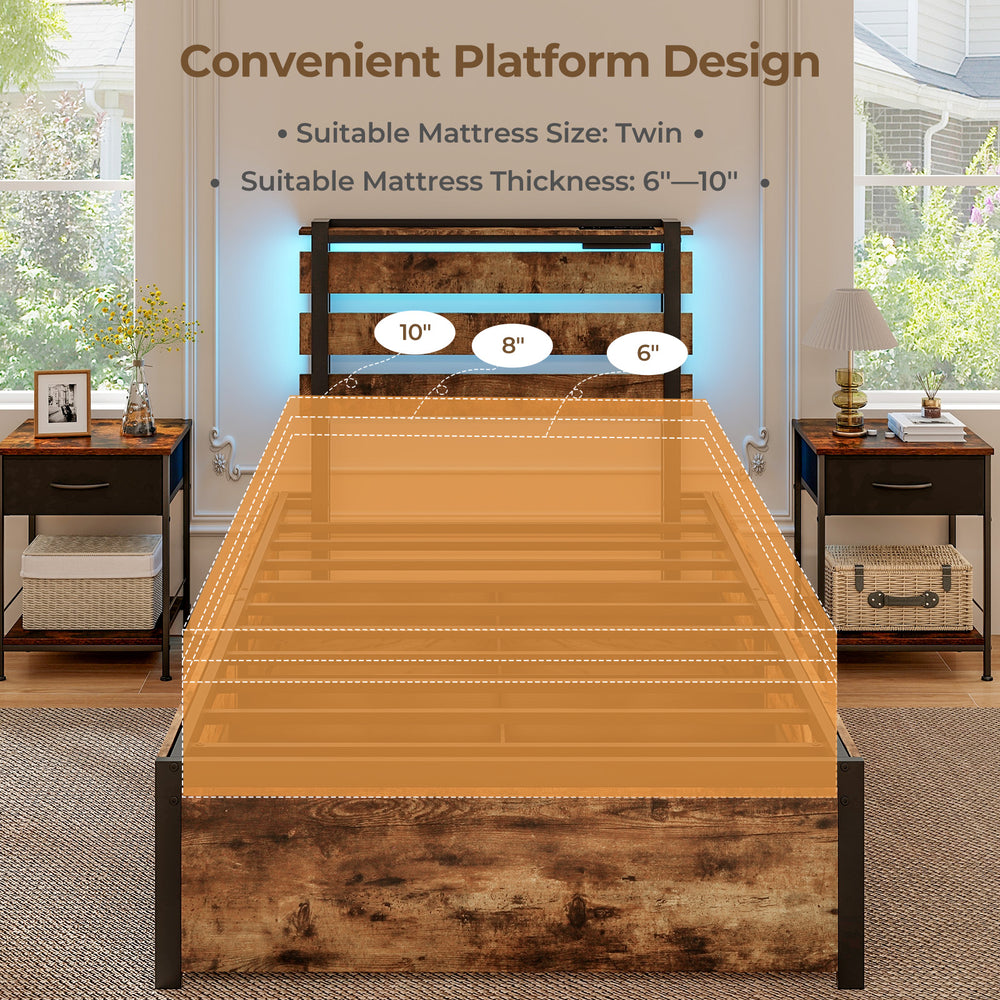 Twin size bed frame with robust metal design, built-in USB ports, and rolling fabric drawers for convenient storage.