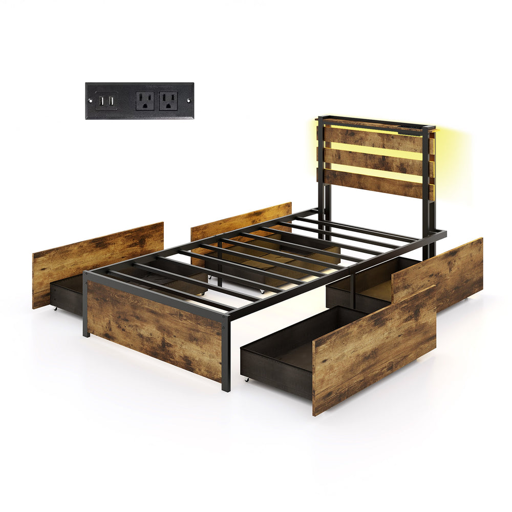 Twin size bed frame with drawers, LED lights, and USB ports, featuring a robust metal frame and slatted headboard.