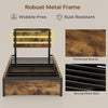 Twin size bed frame with robust metal structure, rolling drawers, LED lights, and USB ports for modern convenience.