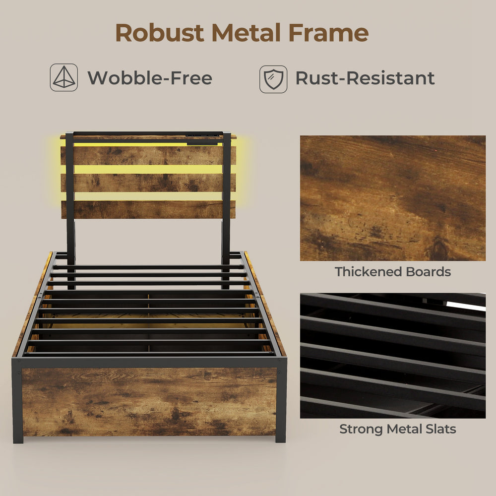 Twin size bed frame with robust metal structure, rolling drawers, LED lights, and USB ports for modern convenience.