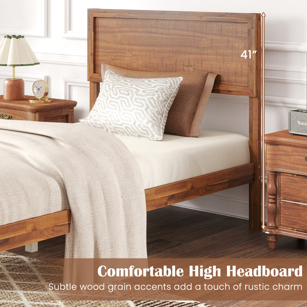 Twin size bed frame with a comfortable high headboard and rustic wood grain accents, perfect for stylish bedroom decor.