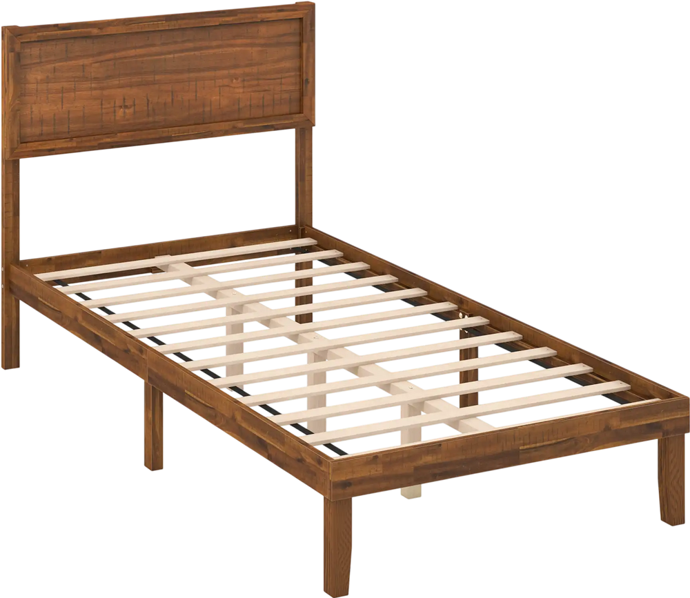 Twin size bed frame with headboard, wooden slats support, and rustic wood grain accents for stylish bedroom.