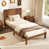 Twin size bed frame with headboard, wooden slats, and rustic wood grain, perfect for a cozy bedroom setup.