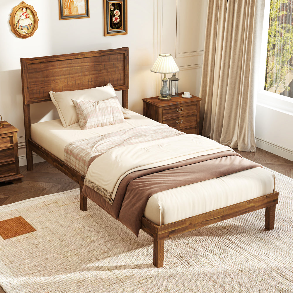 Twin size bed frame with headboard, wooden slats, and rustic wood grain, perfect for a cozy bedroom setup.