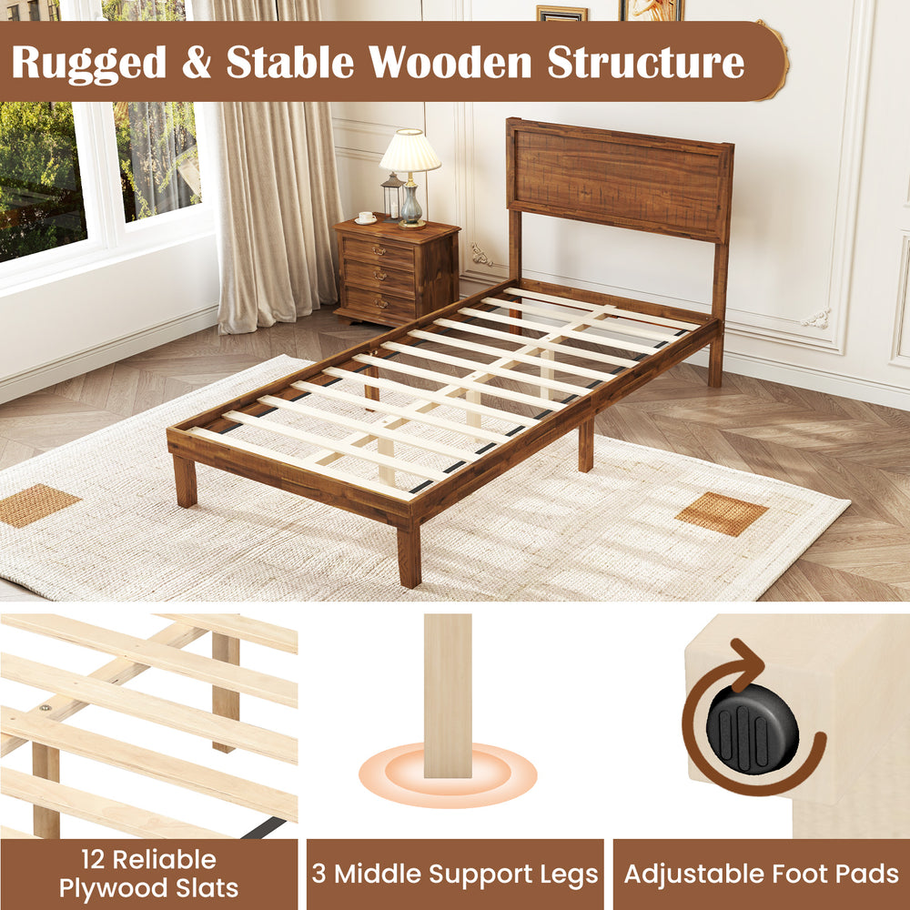 Twin size bed frame featuring a rugged wooden structure, adjustable foot pads, and reliable slats for mattress support.