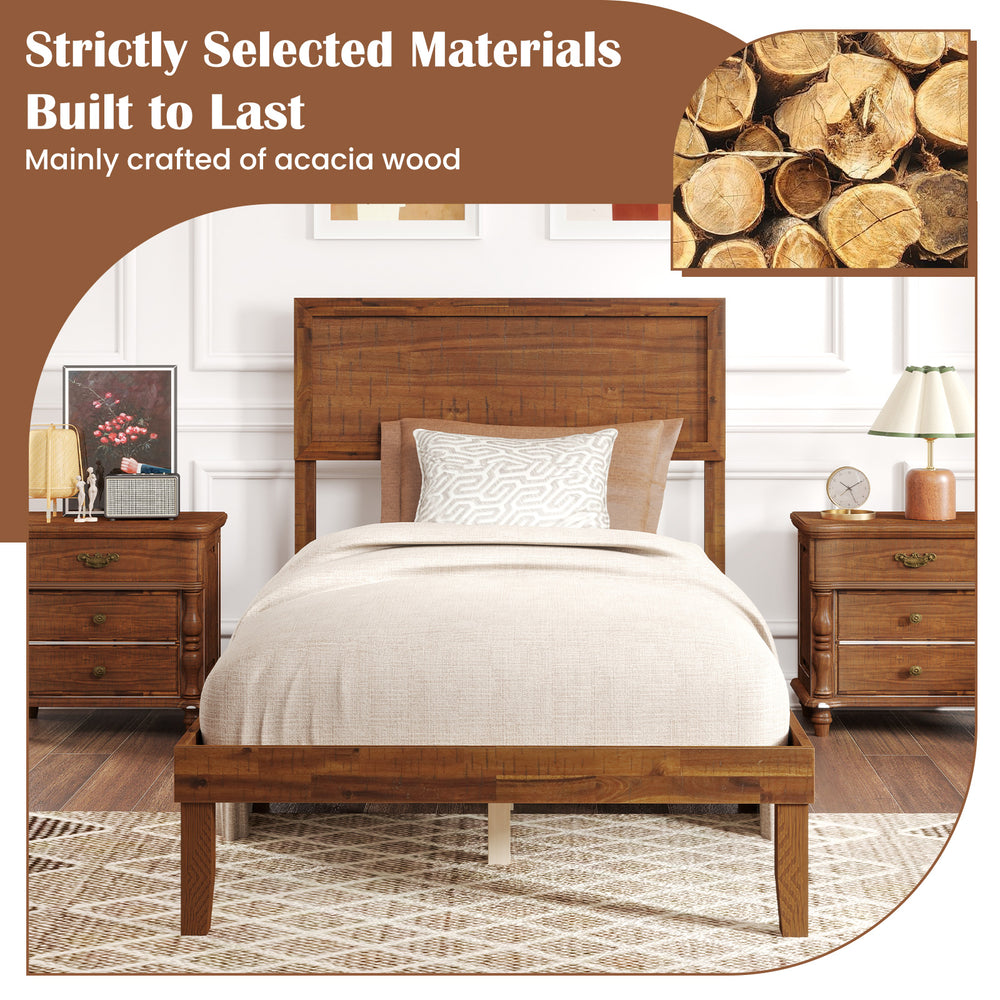 Twin size bed frame with headboard, crafted from acacia wood, featuring wooden slats for sturdy mattress support.