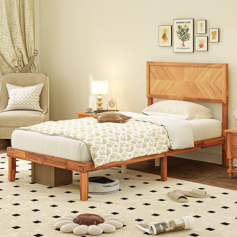 Twin size bed frame with headboard, rustic wood grain finish, and under-bed storage space for easy cleaning.