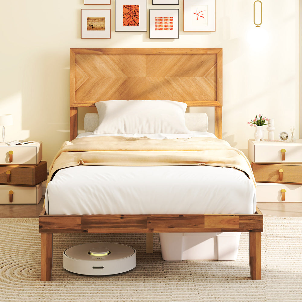 Twin size bed frame with headboard, rustic wood grain finish, and under-bed storage for easy cleaning.