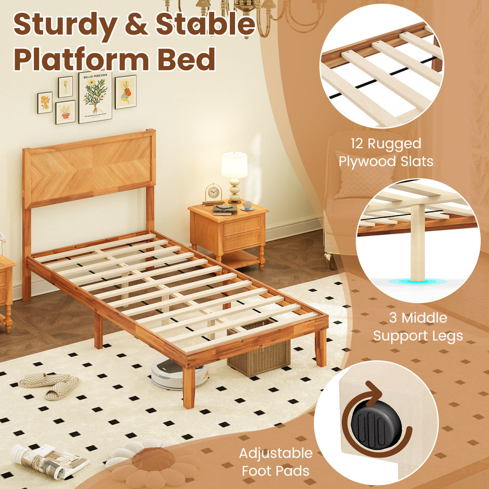 Twin size platform bed frame with headboard, 12 plywood slats, and adjustable foot pads for added stability.