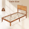 Twin size bed frame with headboard, sturdy plywood slats, rustic wood grain finish, ideal for mattress support.