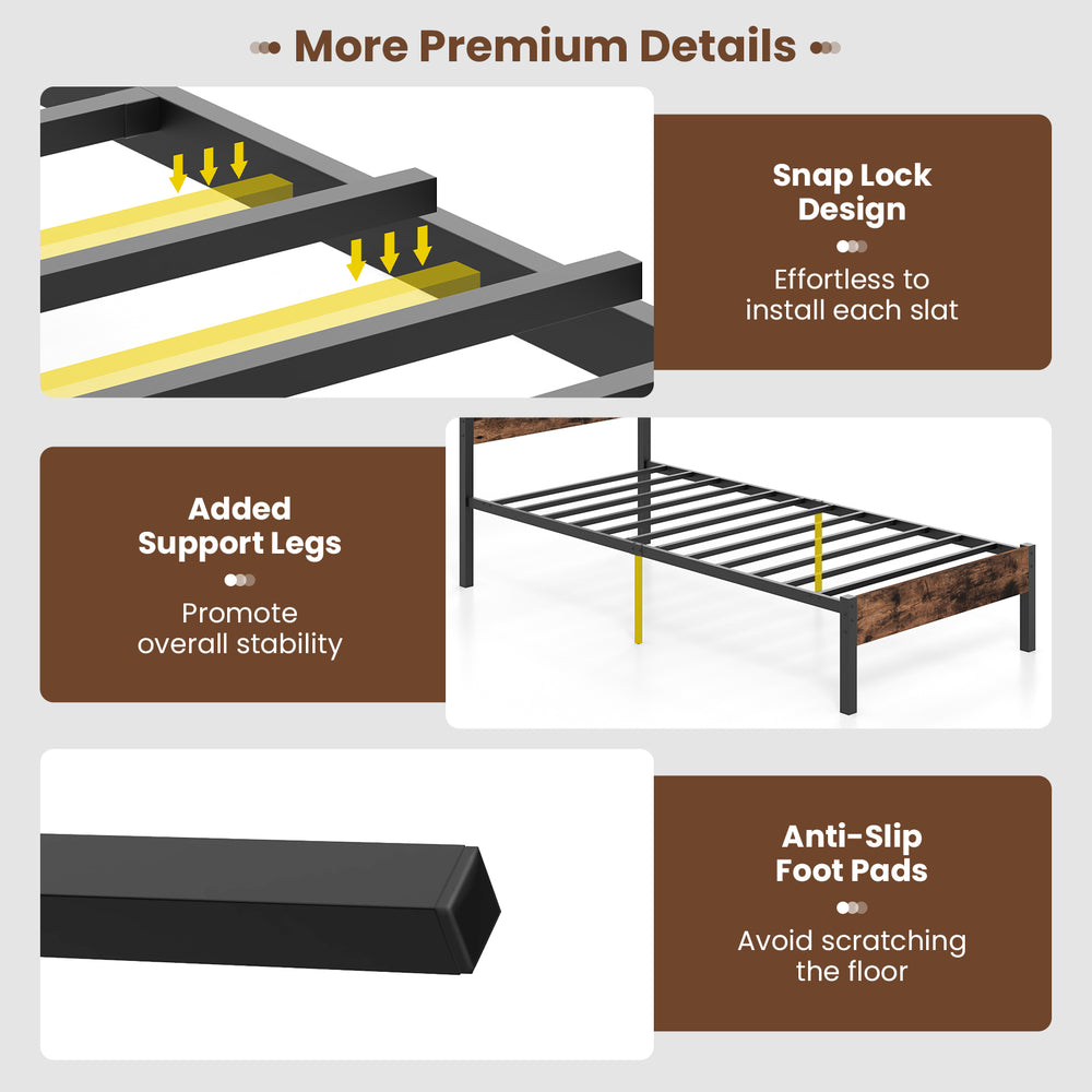 Detail of the bed frame's snap lock design and added support legs for stability, featuring anti-slip foot pads.