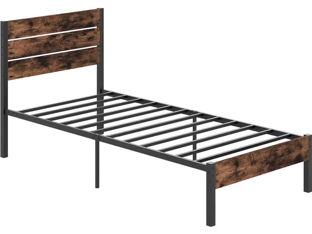 Twin size bed frame with high headboard, metal slats, and industrial design for stylish bedroom decor and stability.