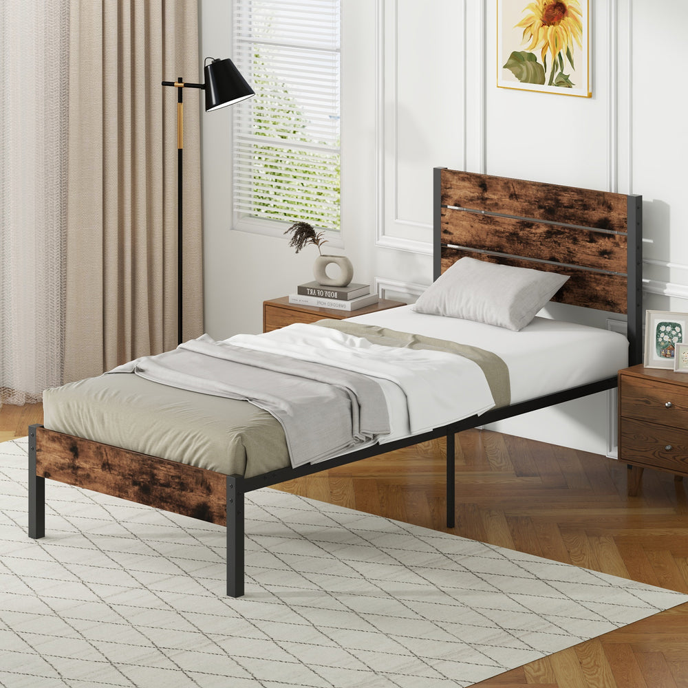 Twin size bed frame with a slatted headboard and added support legs, designed for stability and effortless installation.