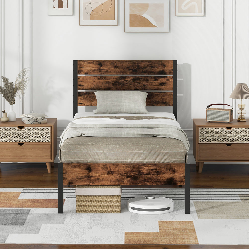 Twin size bed frame with high headboard, metal slats, and industrial design for stylish bedroom decor and added storage.
