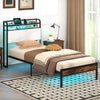 Twin size bed frame with LED light, charging station, and storage headboard, perfect for stylish bedroom decor.