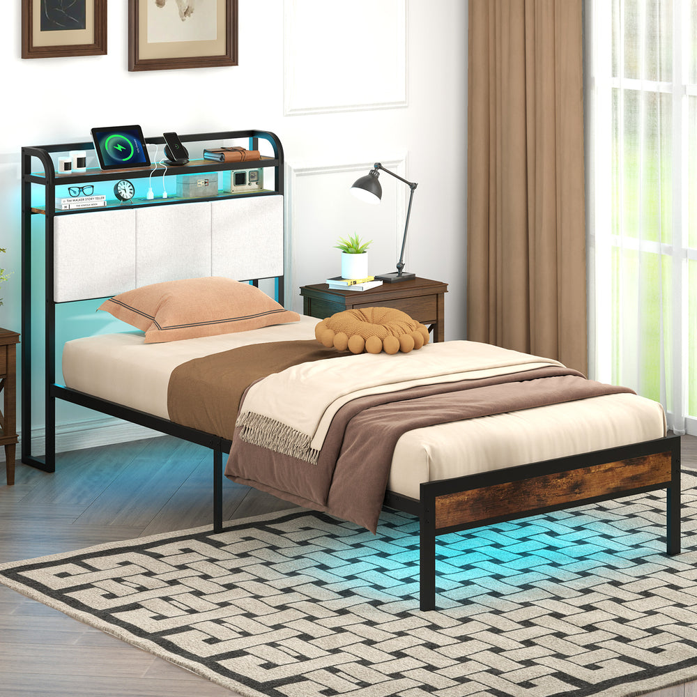 Twin/Full/Queen/King Size Bed Frame with LED Light and Charging Station-Twin Size - Gallery View 1 of 10