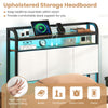 Upholstered storage headboard with LED light, charging station, and high-density sponge filling for comfortable back.