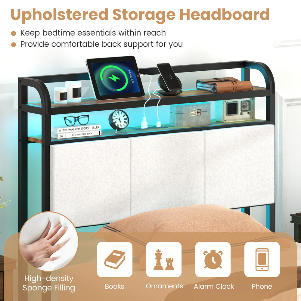 Upholstered storage headboard with LED light, charging station, and high-density sponge filling for comfortable back.