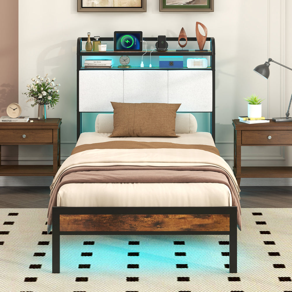 Twin size bed frame with LED light, built-in charging station, and storage headboard for stylish bedroom organization.