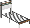 Twin size bed frame with LED light, charging station, and 2-tier storage headboard for versatile bedroom use.