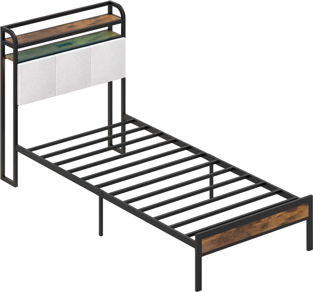 Twin size bed frame with LED light, charging station, and 2-tier storage headboard for versatile bedroom use.