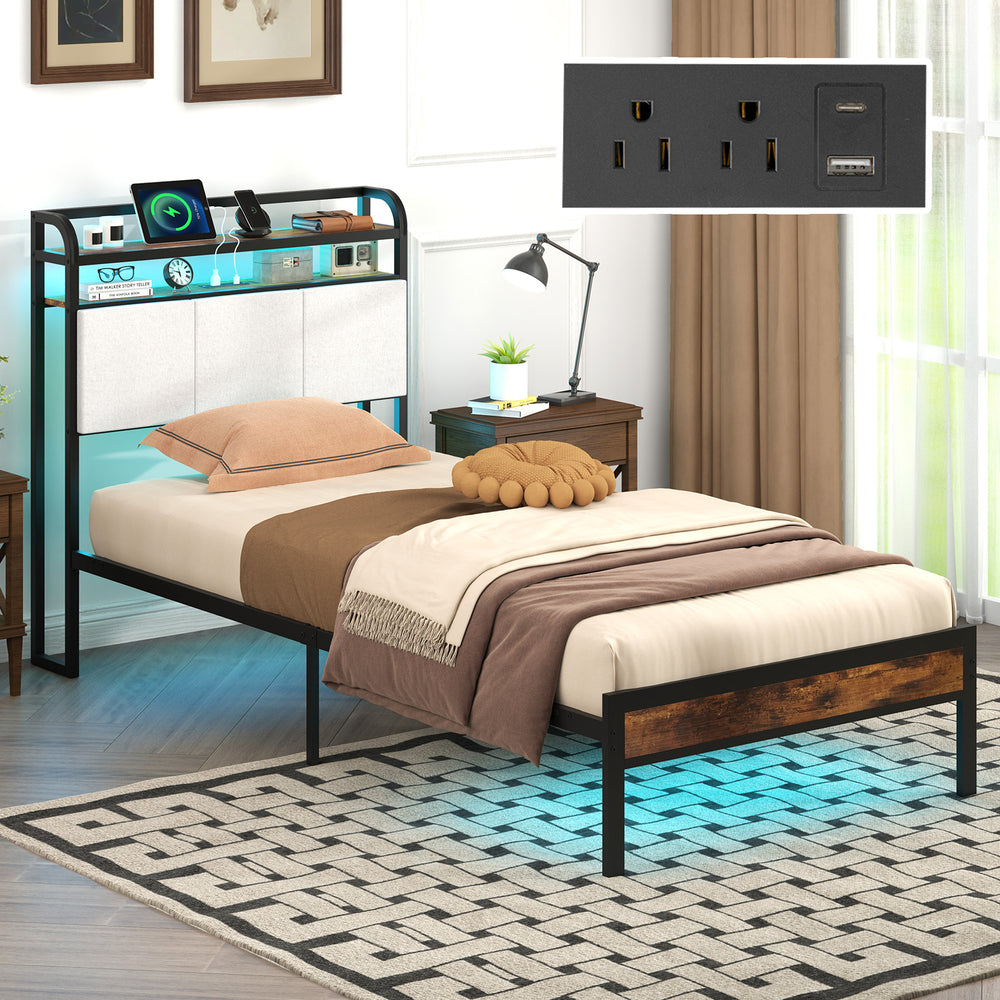 Twin size bed frame featuring adjustable LED light strip, sturdy metal slats, and generous under-bed storage for.