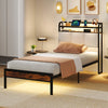 Twin size bed frame with LED light, charging station, and two-tier storage headboard for modern bedroom decor.