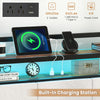 Twin size bed frame with LED light, built-in charging station, and 2-tier storage headboard for convenient organization.