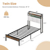 Twin size bed frame with LED light, charging station, and sturdy metal slats for reliable support and under-bed storage.