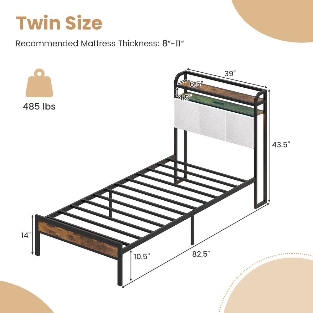 Twin size bed frame with LED light, charging station, and sturdy metal slats for reliable support and under-bed storage.