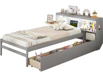 Costway Twin Bed Frame LED Bookcase Headboard Gray 62389754 New