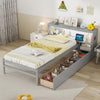 Twin size gray bed frame with LED light, bookcase headboard, and storage drawers for books and toys.