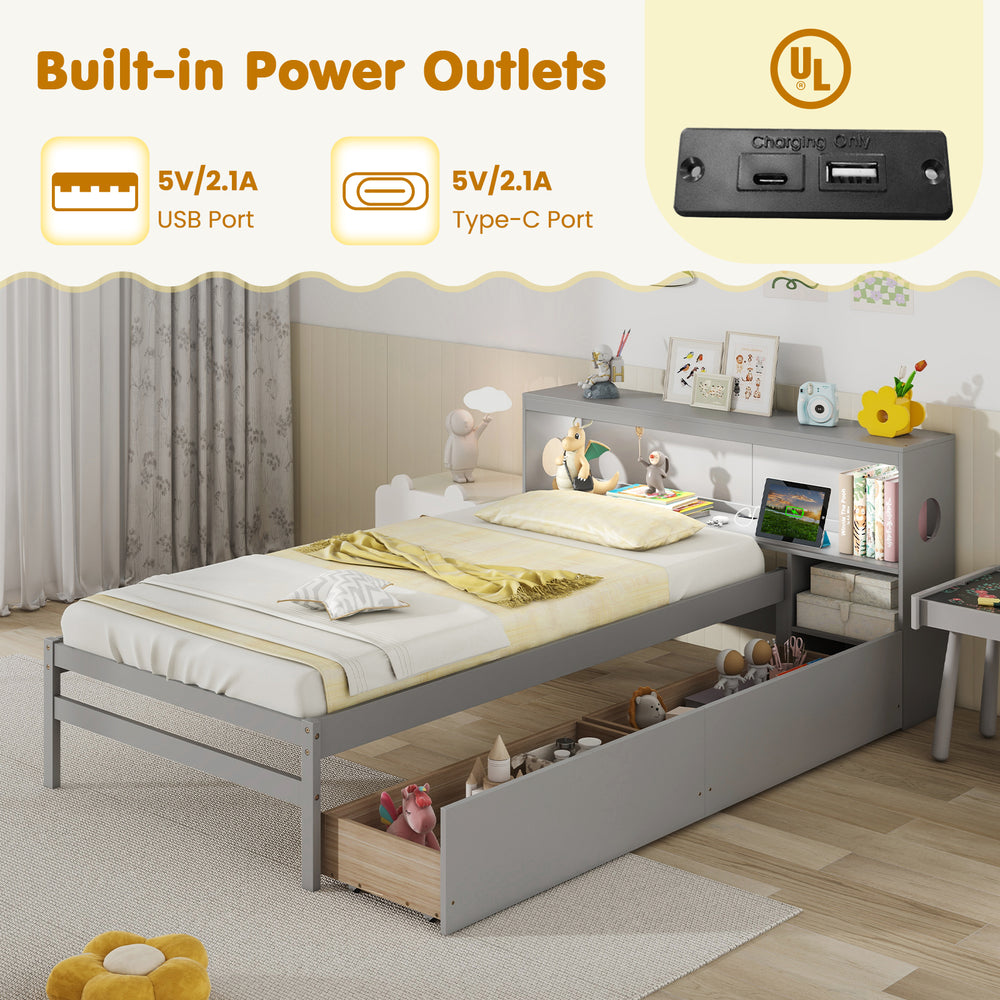 Twin size gray bed frame with LED light, bookcase headboard, and built-in power outlets for convenient charging.