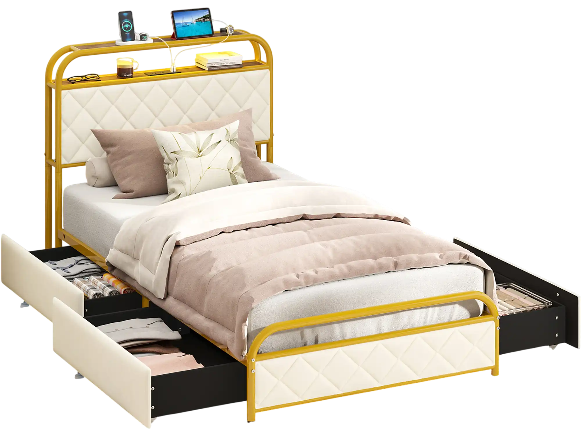 Costway LED Bed Frame with Charging Station Gold Twin 268579314 New