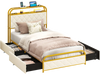 Twin size bed frame in gold with LED lights, storage drawers, and upholstered headboard for modern bedroom organization.