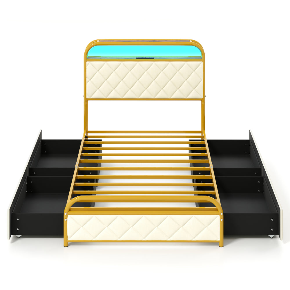 Twin size bed frame in gold with LED lights, storage drawers, and upholstered headboard for modern bedroom decor.
